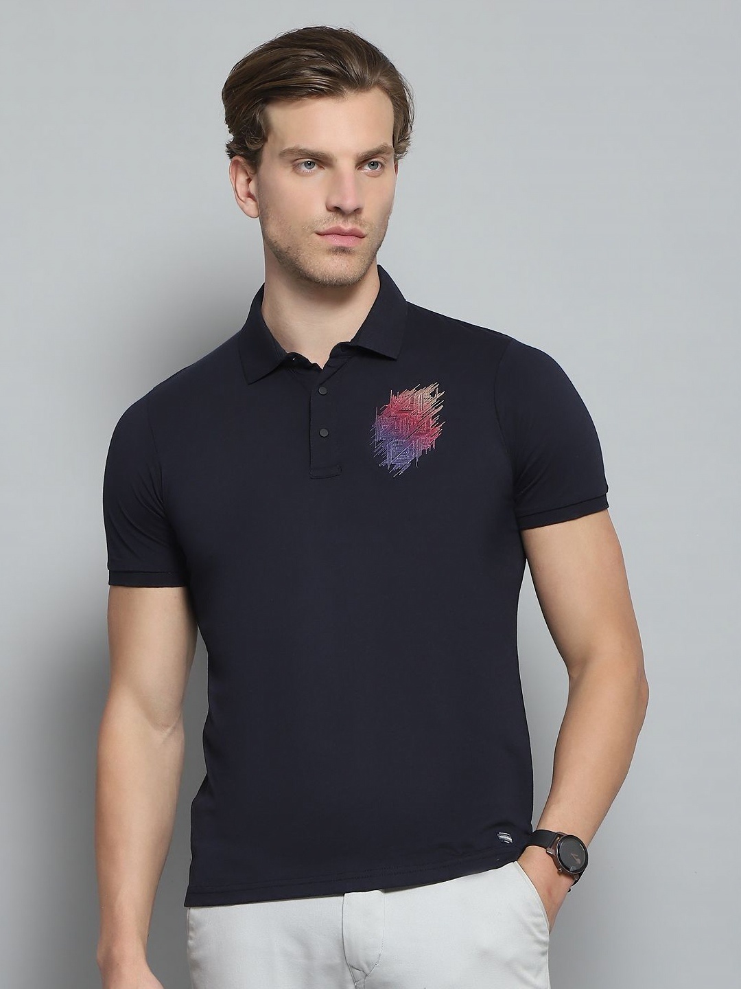 

Monte Carlo Men Printed Polo Collar Applique T-shirt, Navy blue