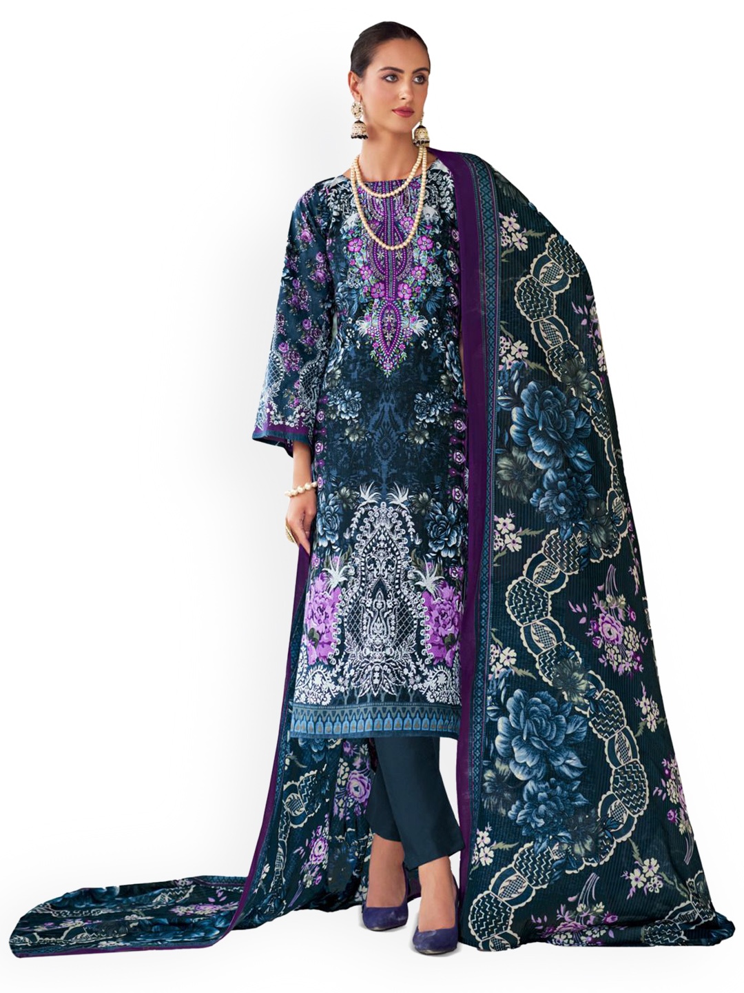 

DRAVINAM Trends Embroidered Pure Cotton Unstitched Dress Material, Blue