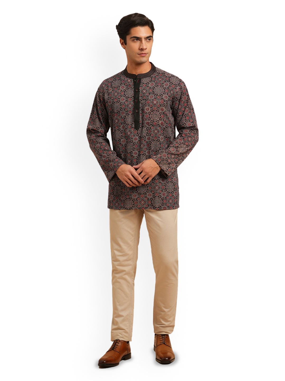 

Arch element Men Geometric Printed Flared Sleeves Thread Work Kurta, Black
