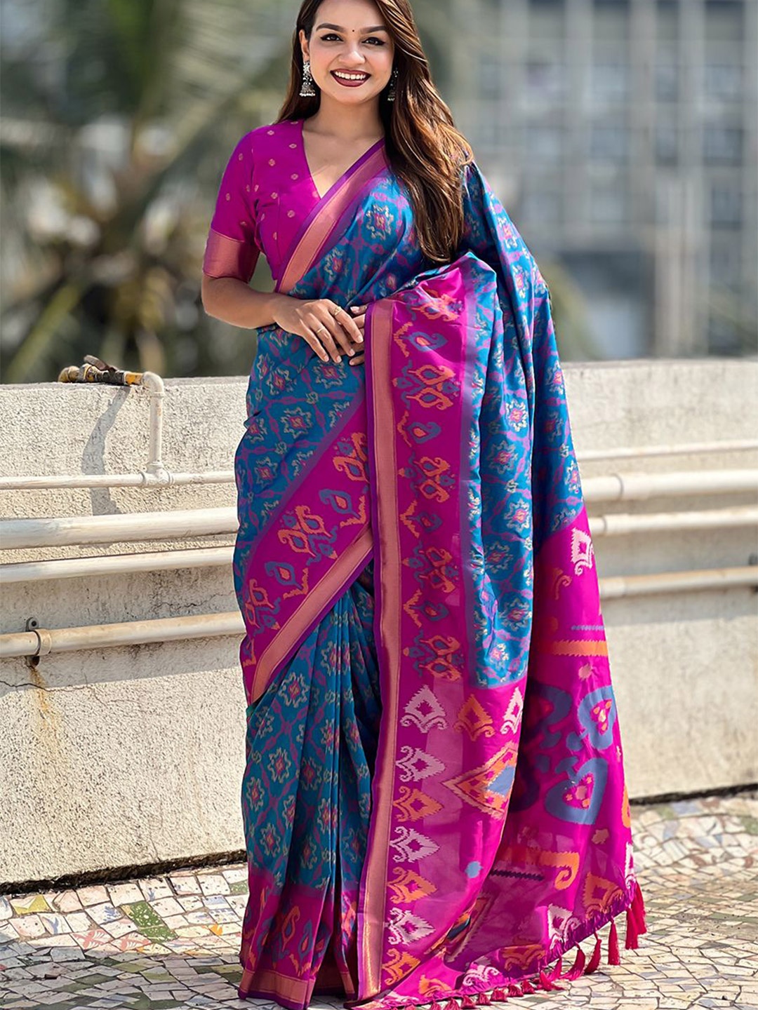 

all about you Woven Design Zari Silk Blend Patola Saree, Blue