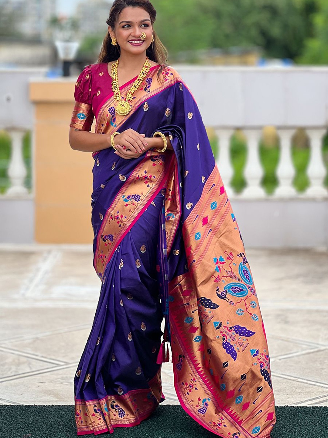 

all about you Woven Design Zari Silk Blend Paithani Saree, Violet