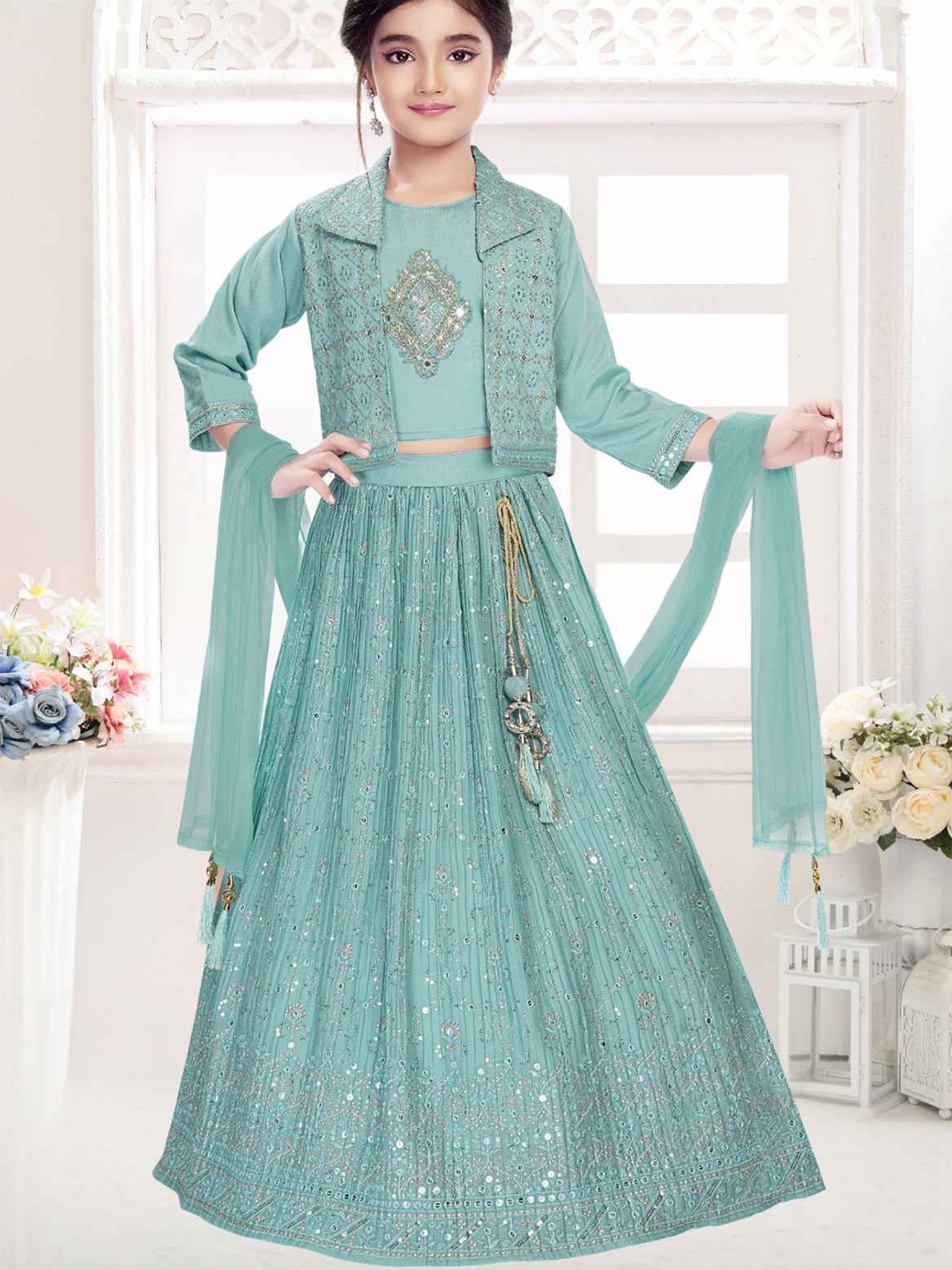 

Lagorii Girls Embellished Ready to Wear Lehenga & Blouse With Dupatta, Green