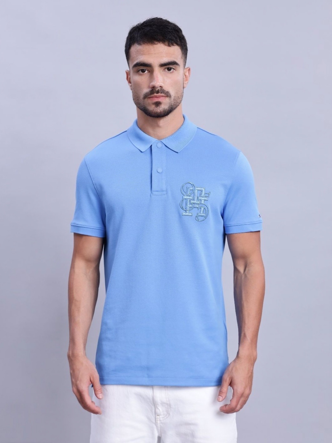 

Tommy Hilfiger Men Brand Logo Printed Polo Collar T-shirt, Blue