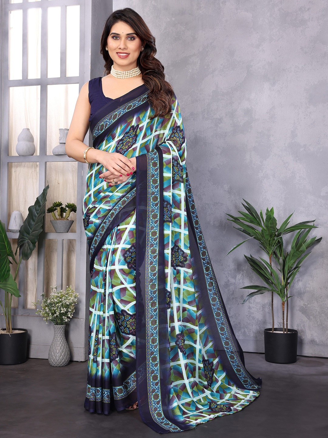 

Moda Rapido Checked Poly Georgette Saree, Navy blue