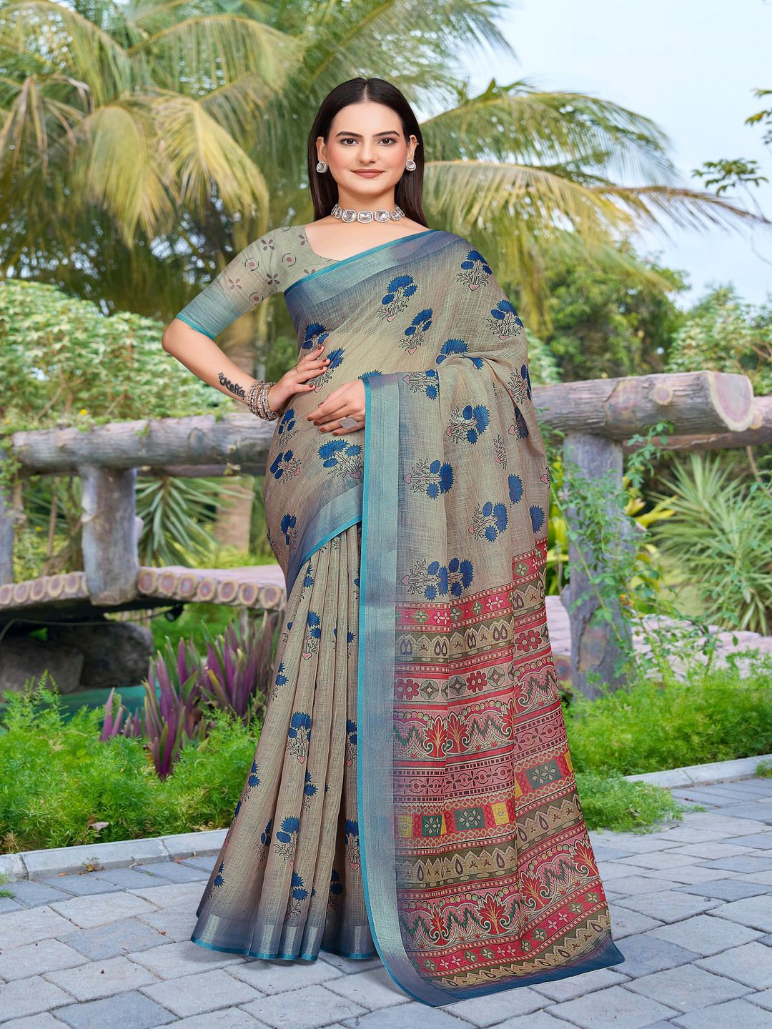 

TRENDING KART Floral Zari Linen Blend Chanderi Saree, Blue