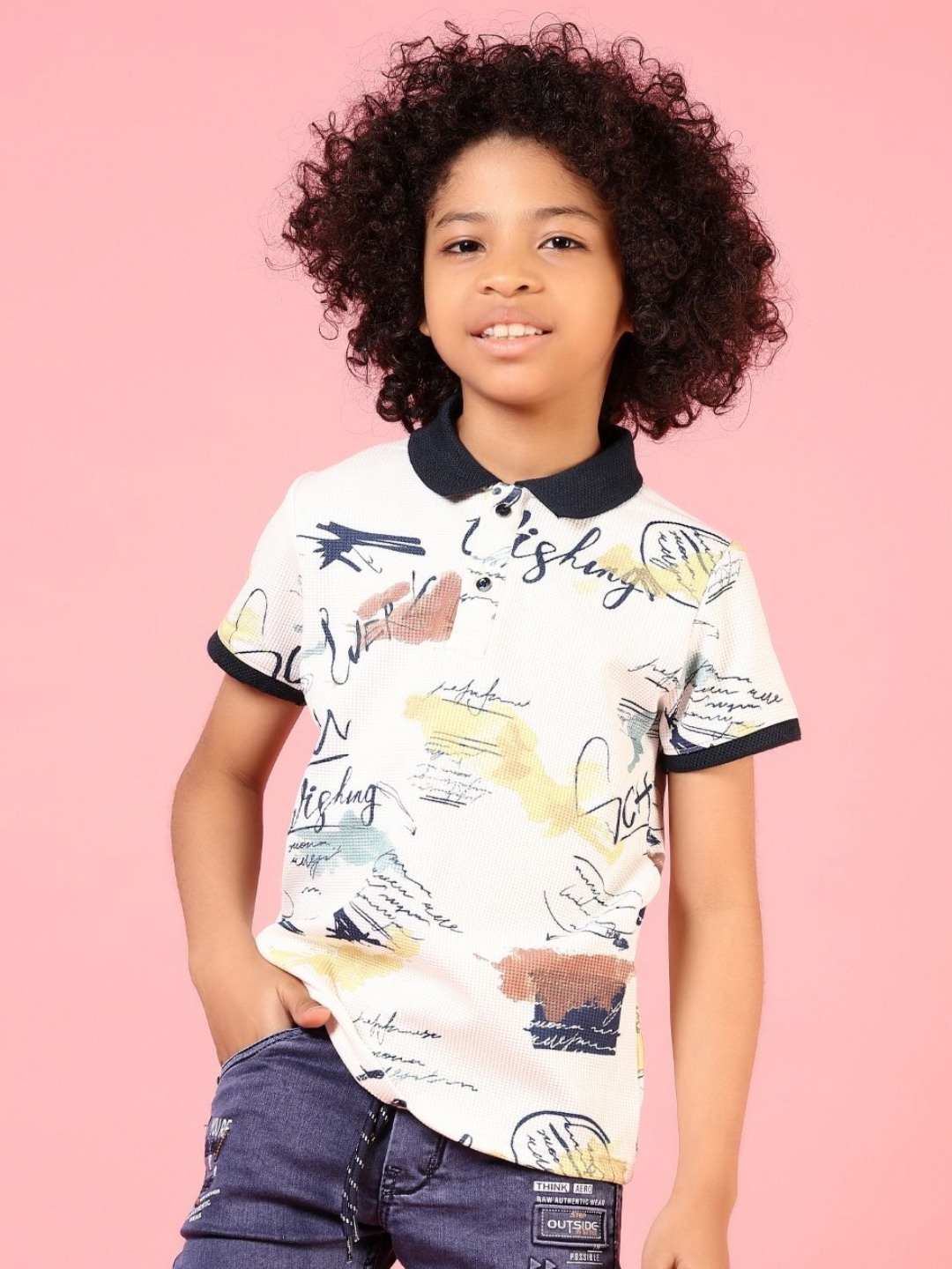 

V-Mart Boys Floral Printed Polo Collar Applique T-shirt, Brown