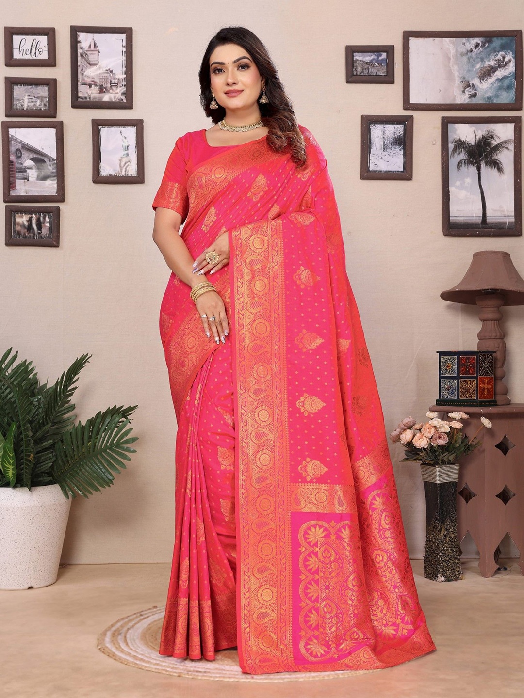 

Panzora Woven Design Zari Silk Blend Banarasi Saree, Pink