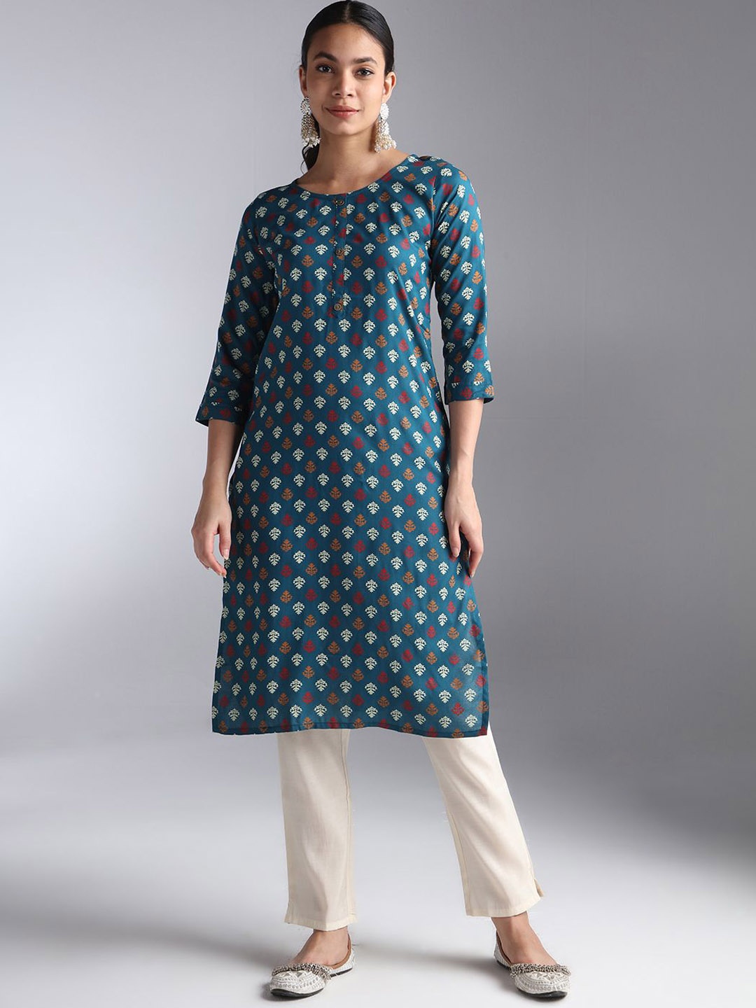 

House Of Dharaa Women Geometric Printed Sequinned Kurta, Blue