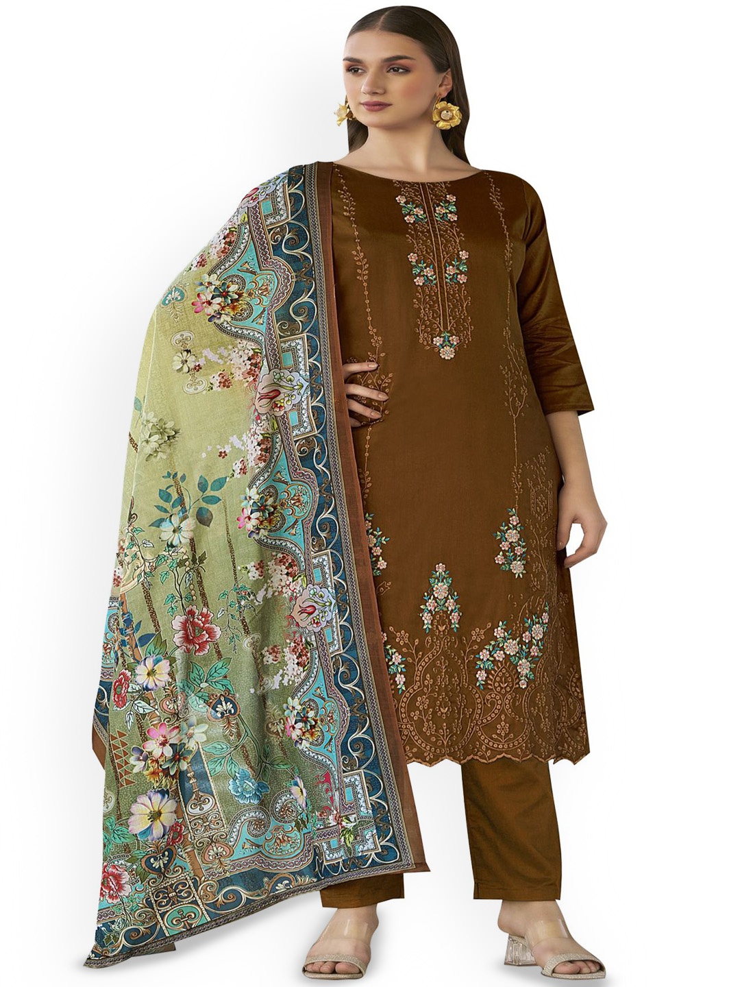 

DRAVINAM Trends Embroidered Pure Cotton Unstitched Dress Material, Brown