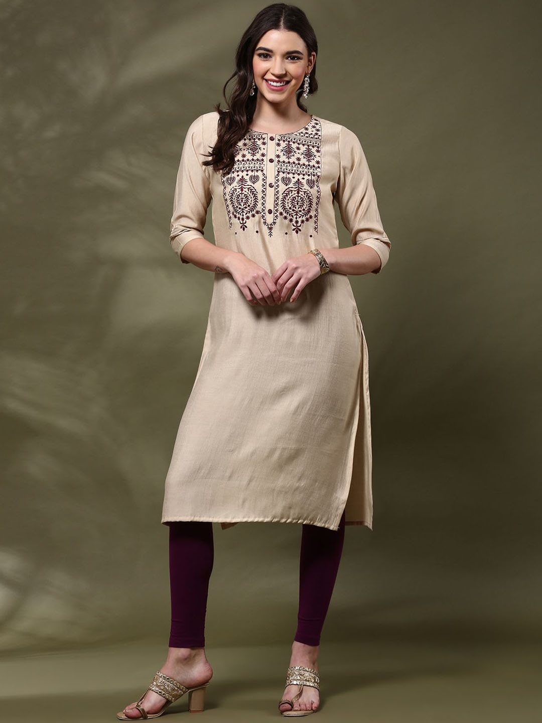 

Alena Women Embroidered Flared Sleeves Thread Work Kurta, Beige