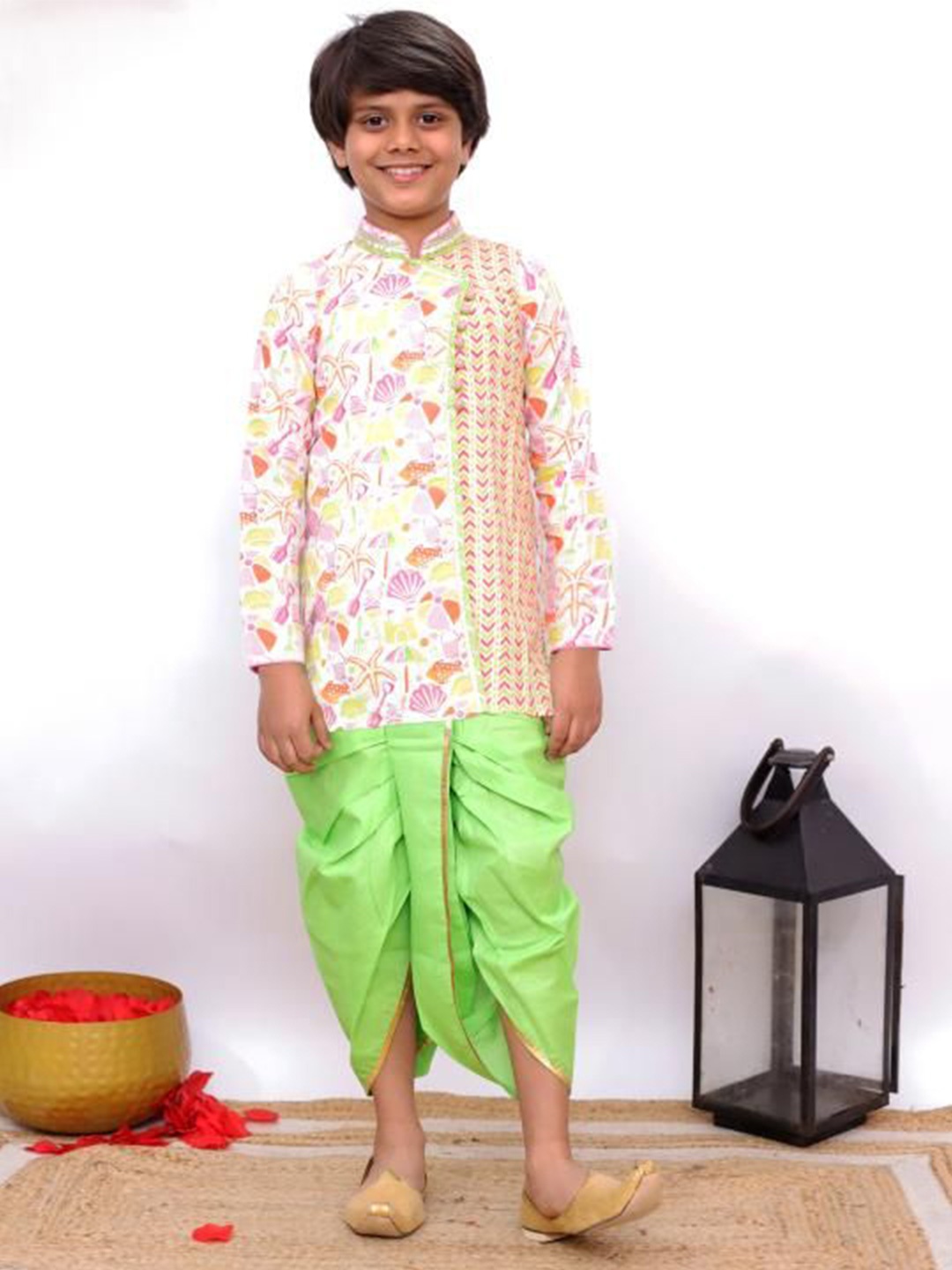 

Twisha Boys Floral Printed Regular Pure Cotton Kurta With Dhoti Pants, White