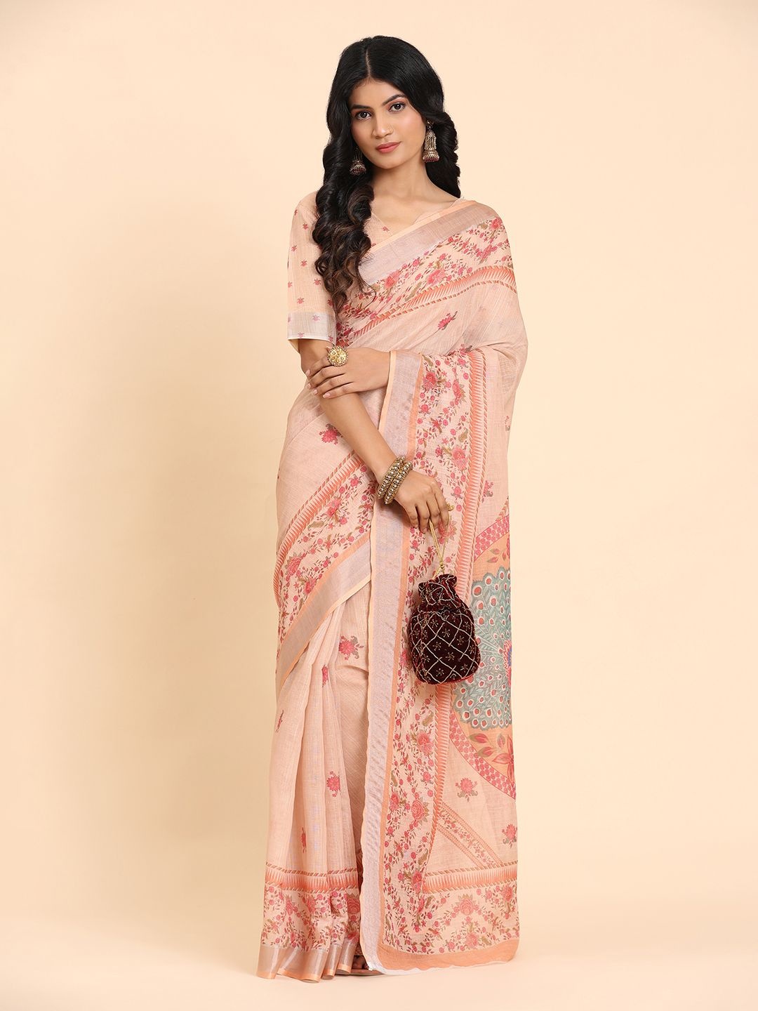 

BAPS Floral Zari Pure Linen Saree, Peach