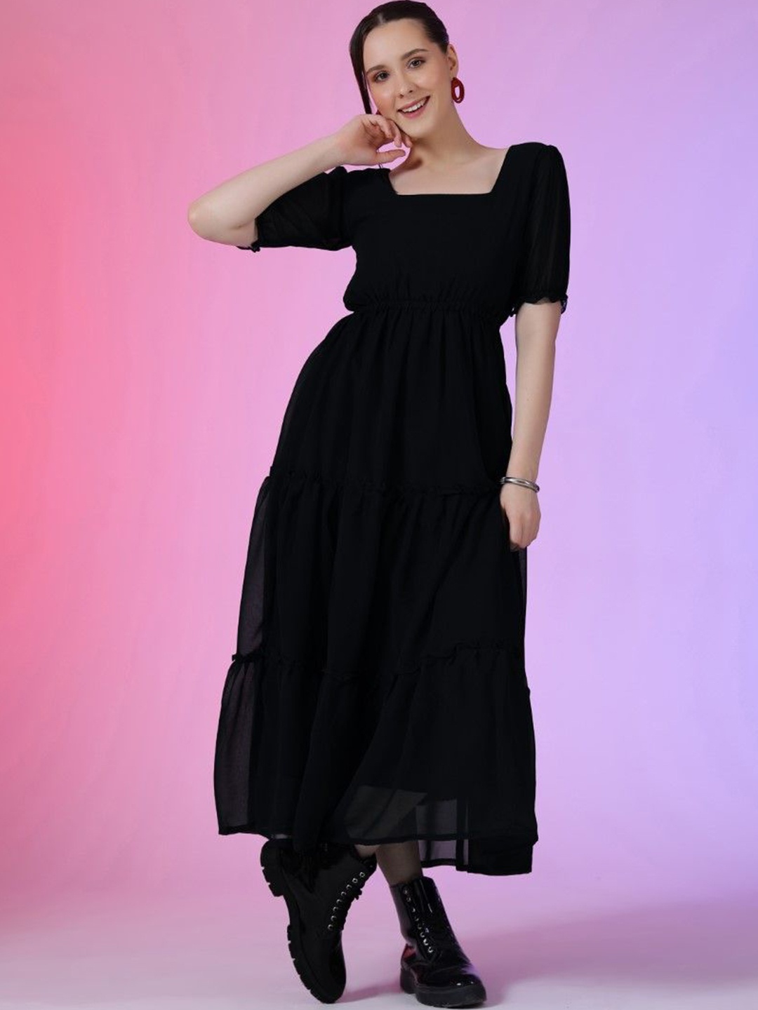 

Jash Creation Puff Sleeve Applique Georgette Fit & Flare Maxi Dress, Black