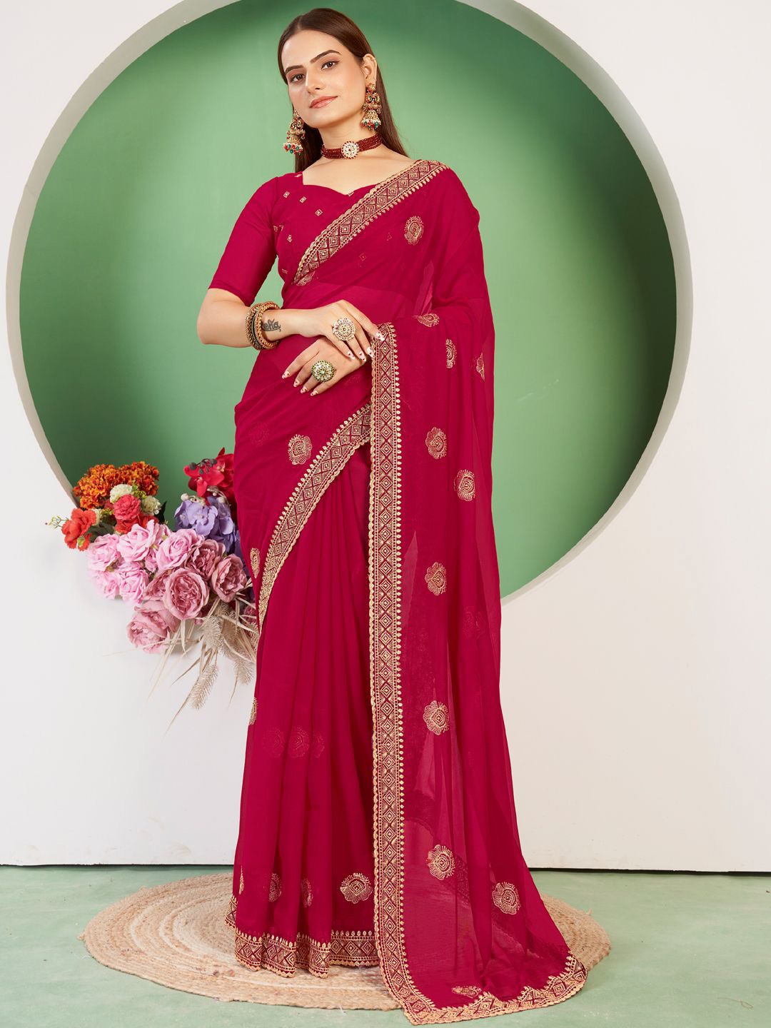 

LeeliPeeri Designer Embellished Embroidered Poly Chiffon Saree, Pink