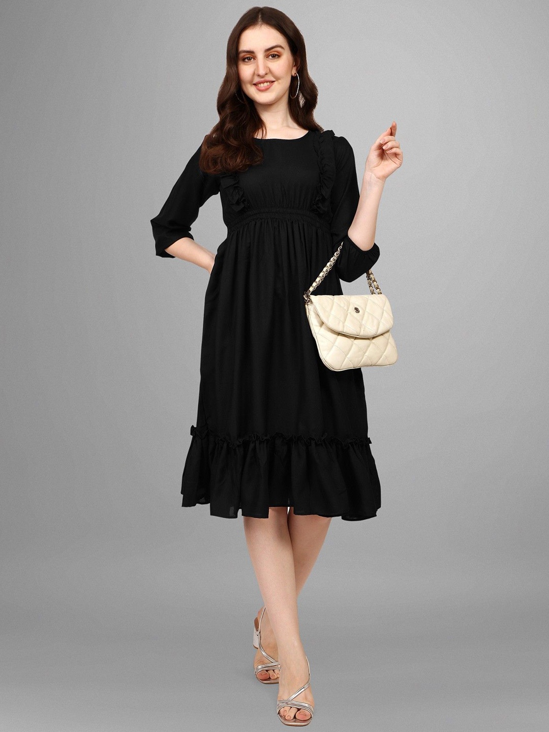 

Raiyani Fashion Applique Crepe Fit & Flare Midi Dress, Black