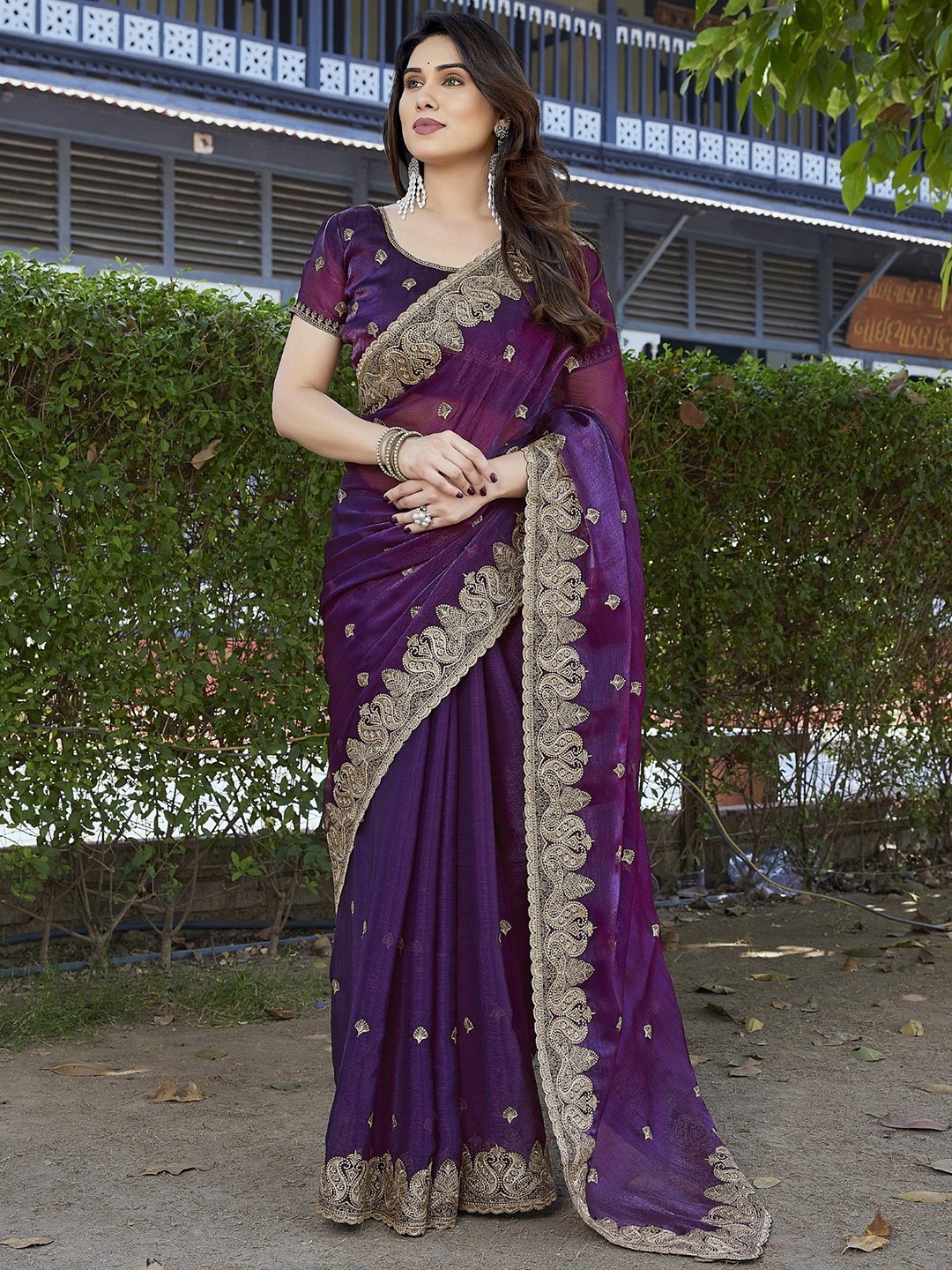 

Moda Rapido Embellished Embroidered Organza Saree, Purple