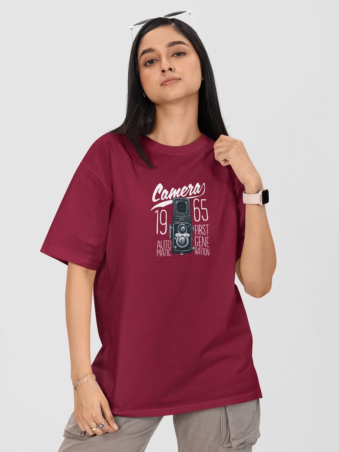 

Moda Rapido Women Printed Drop-Shoulder Sleeves Pockets T-shirt, Maroon