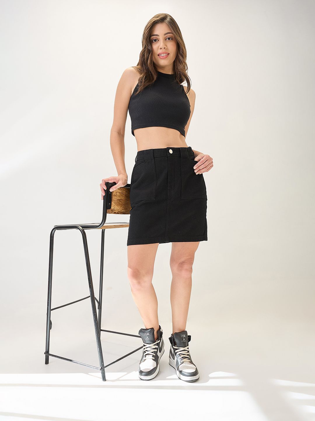 

Globus Cotton Mid Rise Pocket Detail Mini Denim Skirt, Black