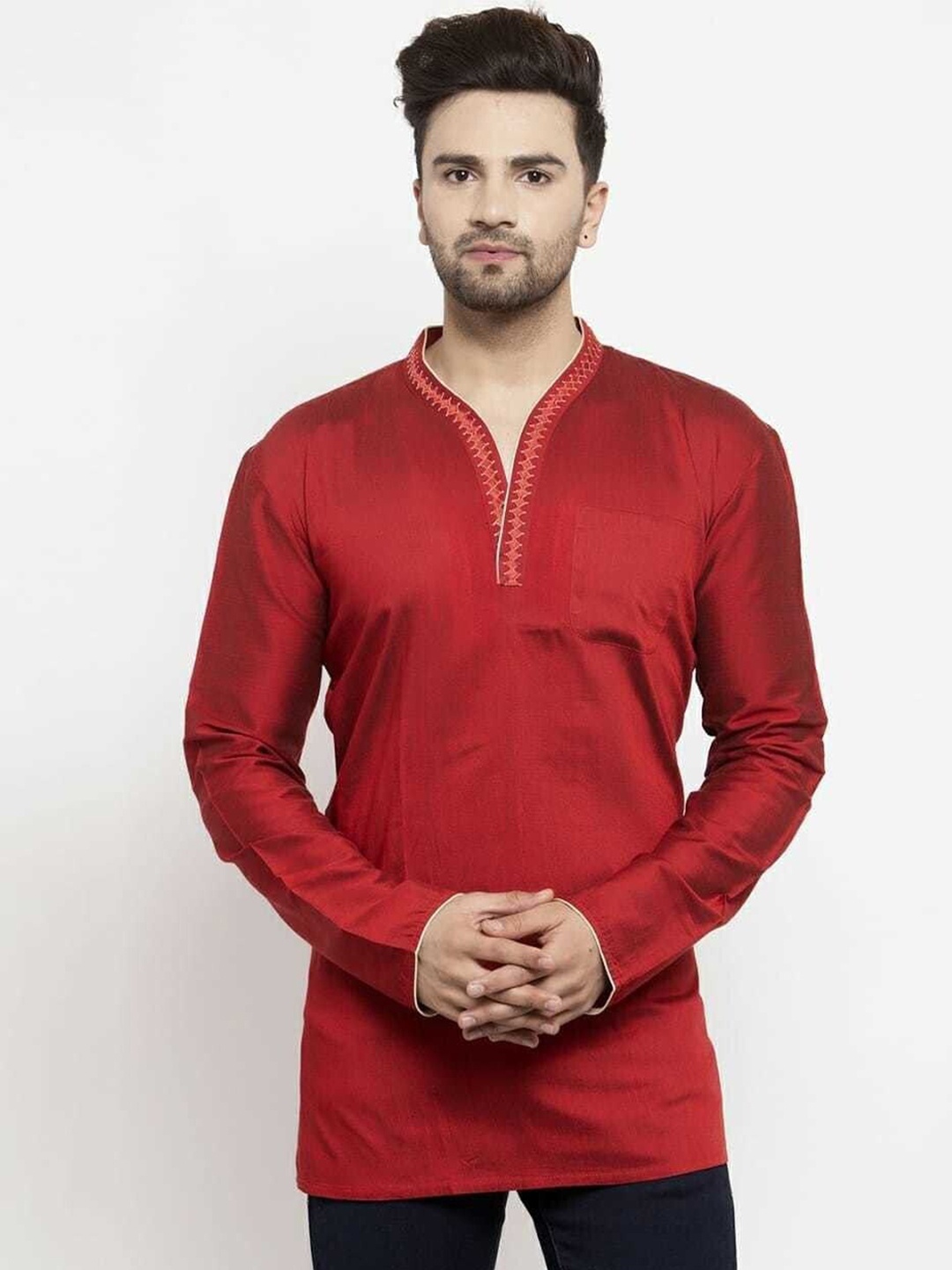 

Arch element Men Striped Thread Work Kurta, Red
