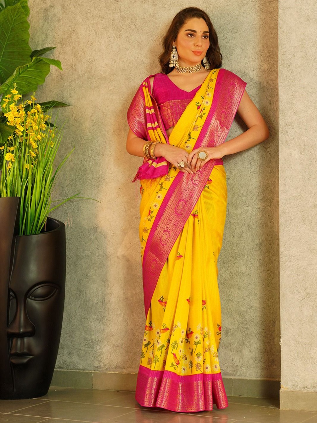 

Sitanjali Floral Zari Art Silk Maheshwari Saree, Pink