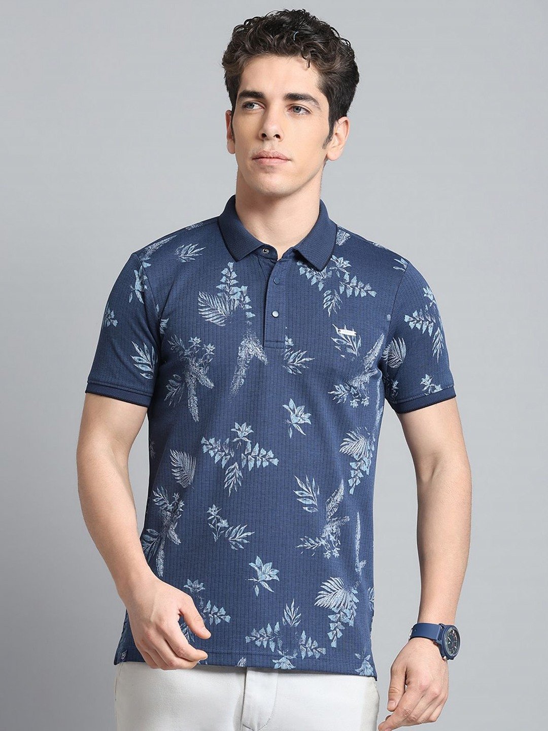 

Monte Carlo Men Floral Printed Polo Collar Pockets T-shirt, Blue