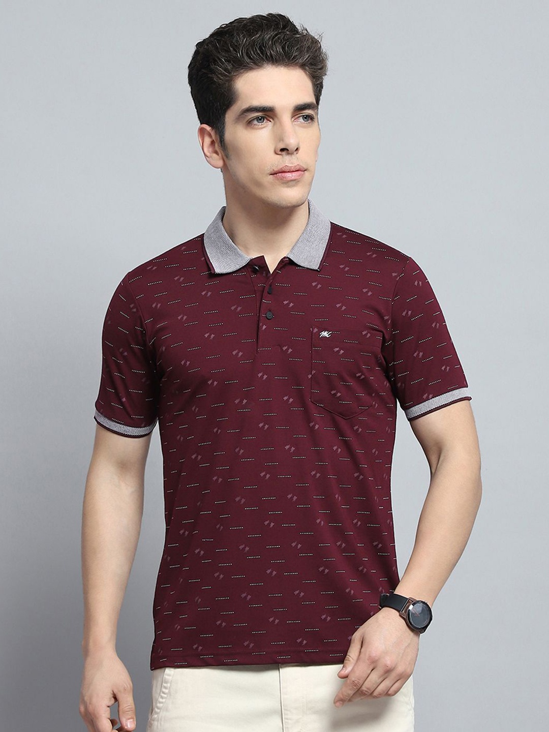

Monte Carlo Men Printed Polo Collar Pockets T-shirt, Maroon