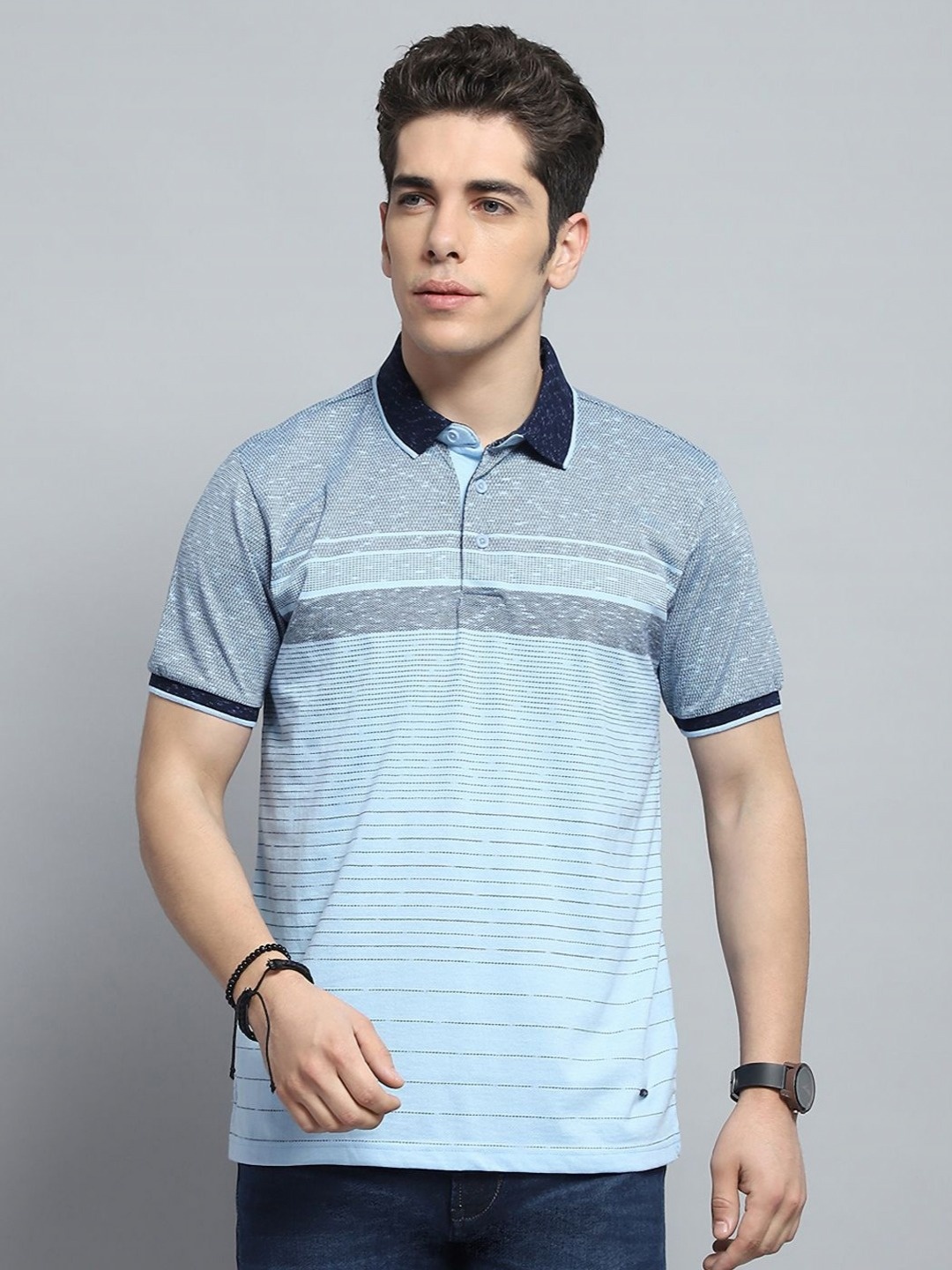 

Monte Carlo Men Striped Polo Collar Applique T-shirt, Blue