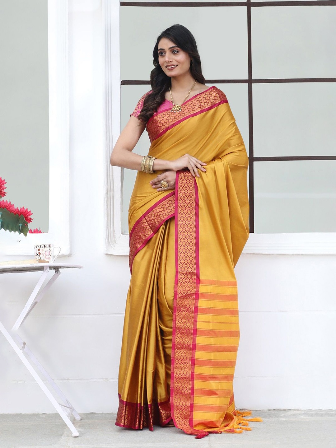 

Mitera Zari Pure Silk Kanjeevaram Saree, Mustard
