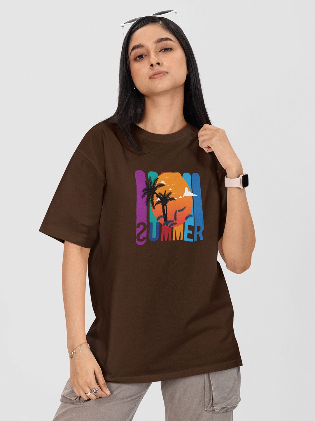 

Moda Rapido Women Printed Drop-Shoulder Sleeves Applique T-shirt, Green