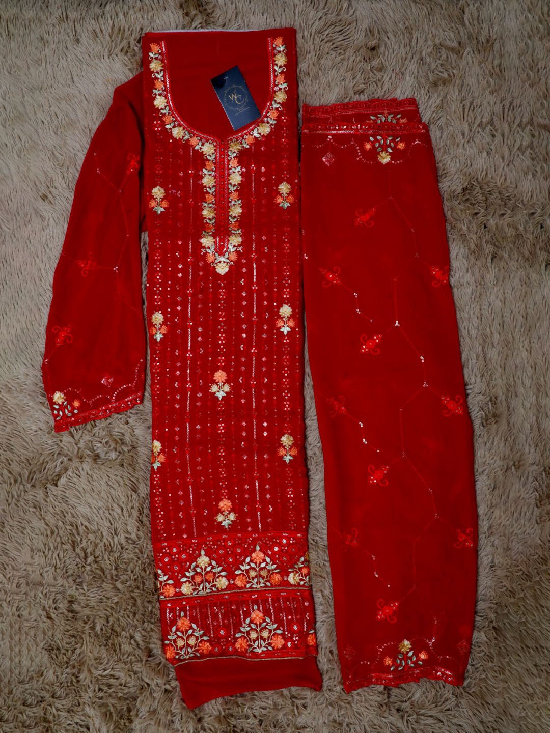 

Wavy Collection Unstitched Dress Material, Red