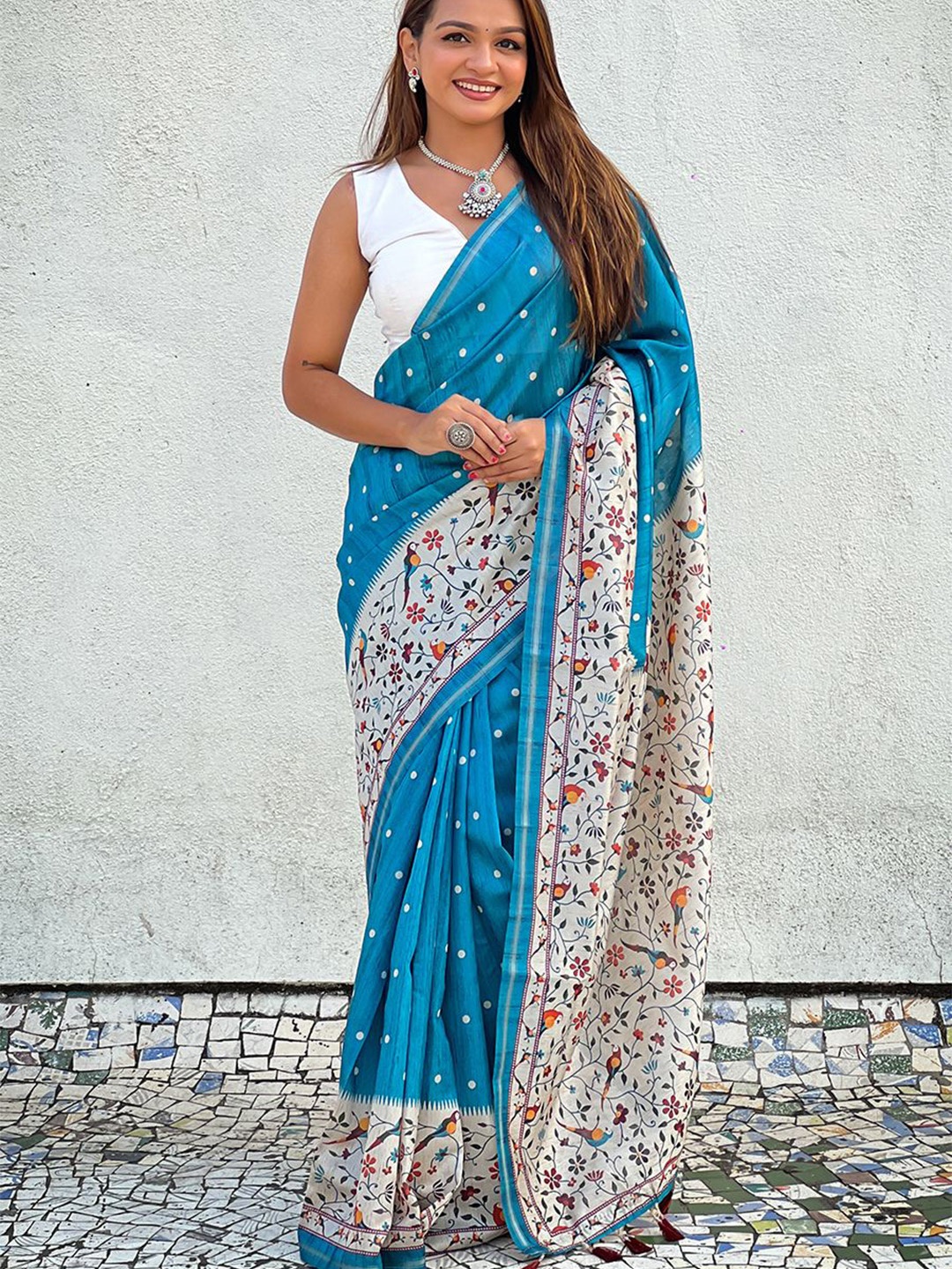 

all about you Polka Dot Zari Khadi Saree, Blue