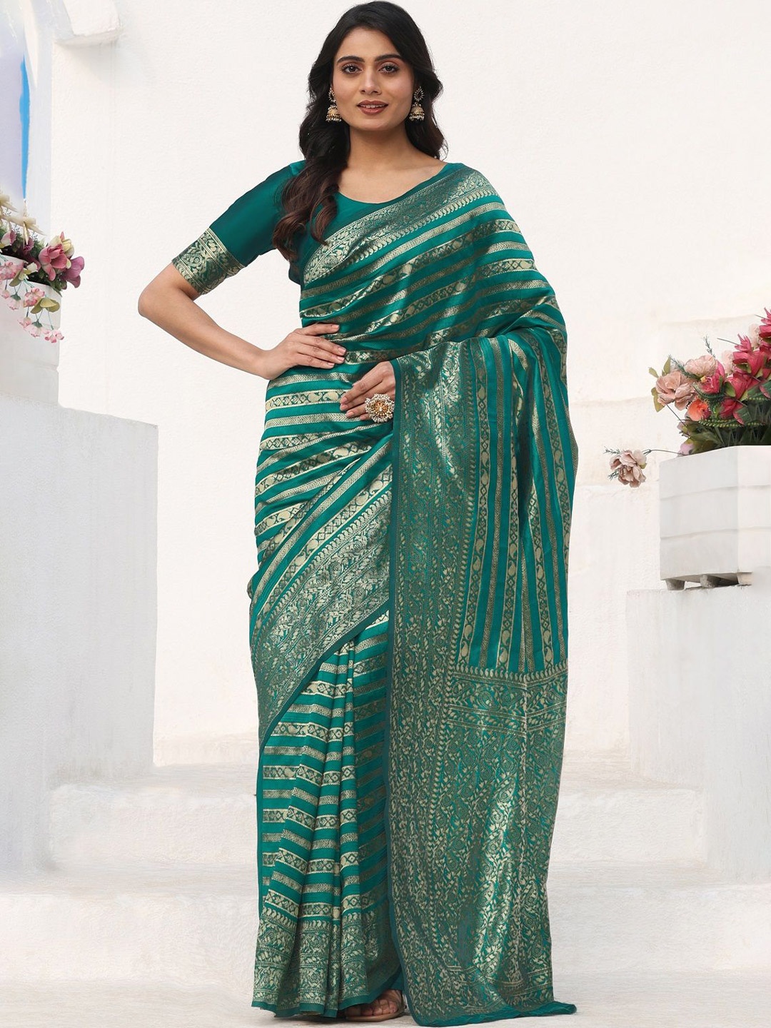 

ORUS Woven Design Zari Silk Blend Banarasi Saree, Teal