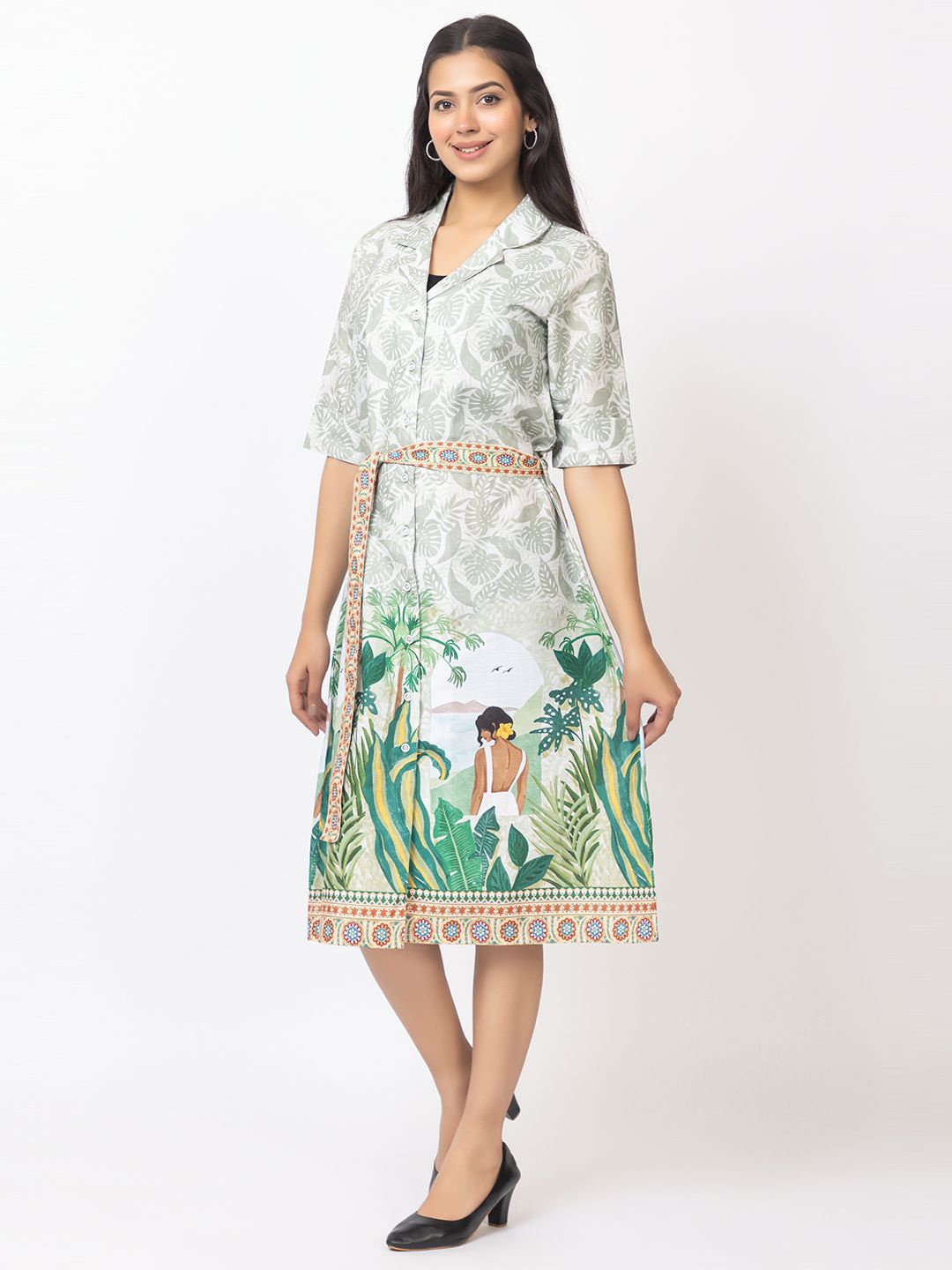 

GFO Tropical Crepe Fit & Flare Dress, Green
