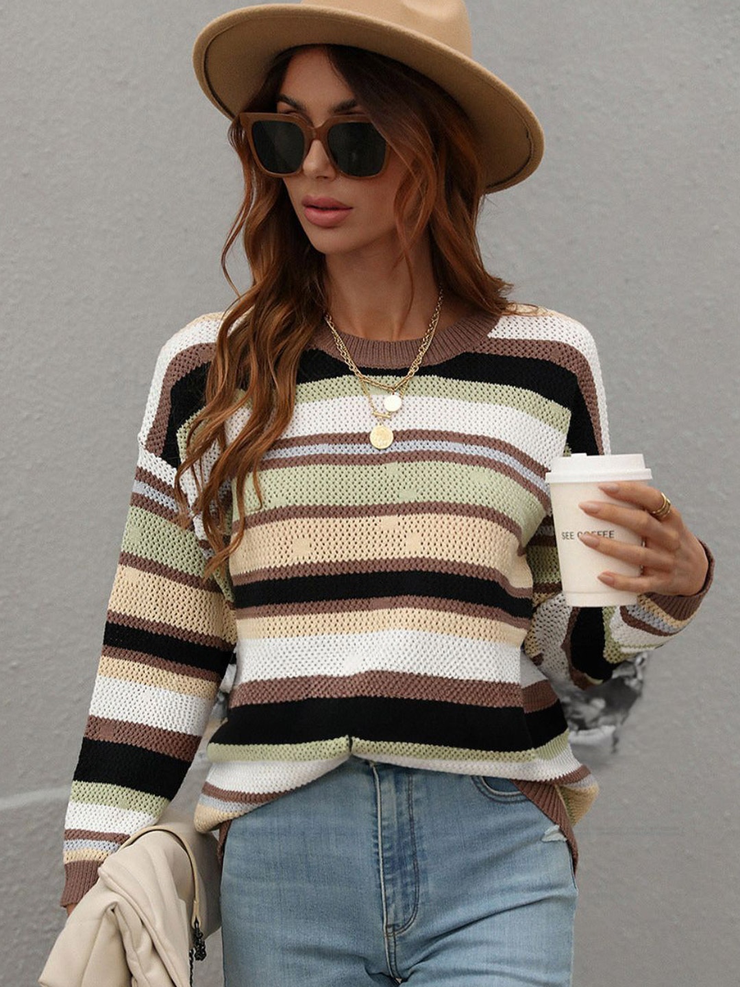 

Oh Rare Women Striped Pullover, Coffee brown