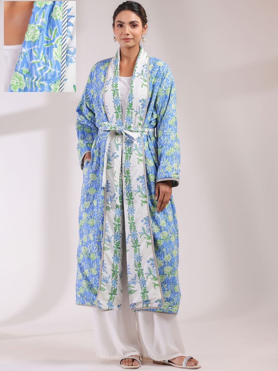 

Jaipur Morni Boota Printed Pure Cotton Reversible Quilted Robe, White
