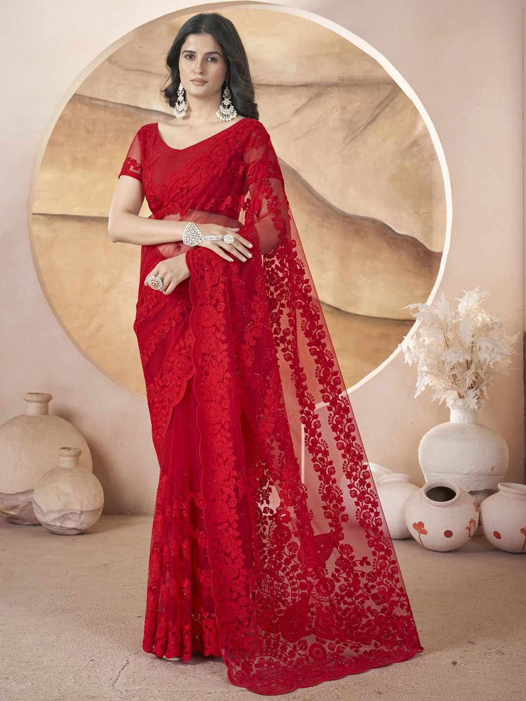 

Panzora Embellished Embroidered Net Saree, Red