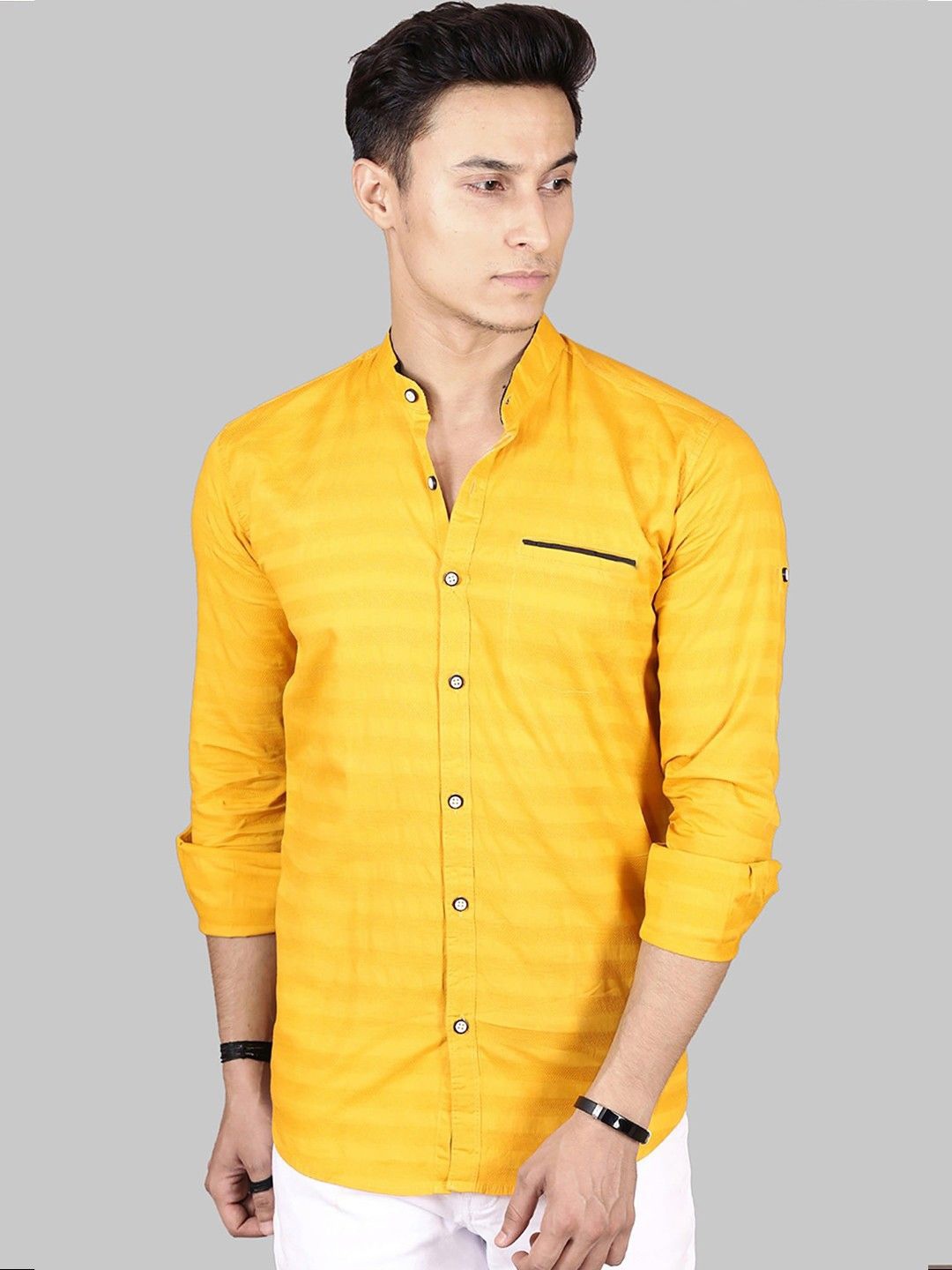 

PulseIQ Men Slim Fit Horizontal Stripes Opaque Striped Casual Shirt, Yellow