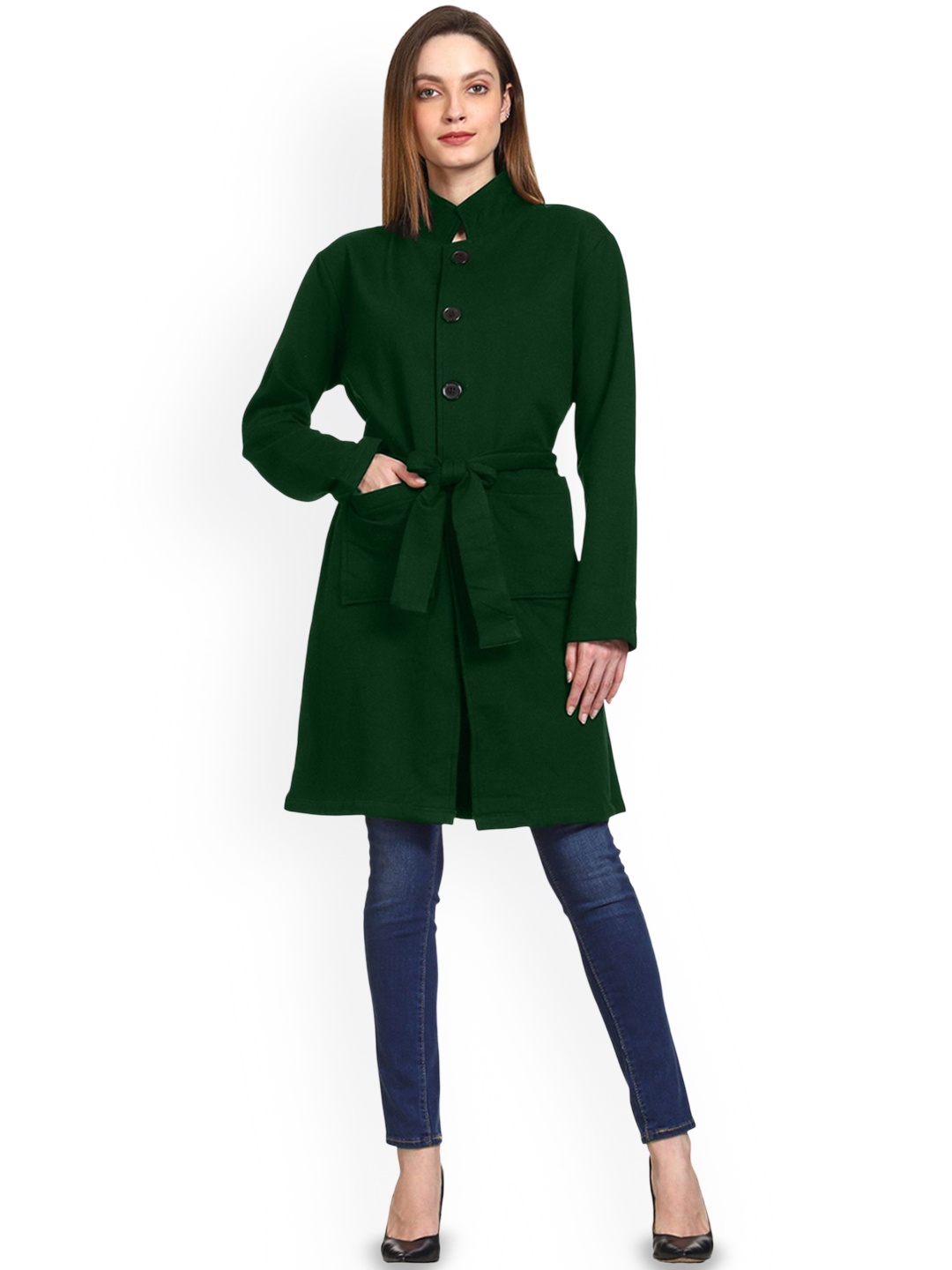 

ROARERS Mock Collar Long Sleeves Single Breasted Above Knee Coat, Green