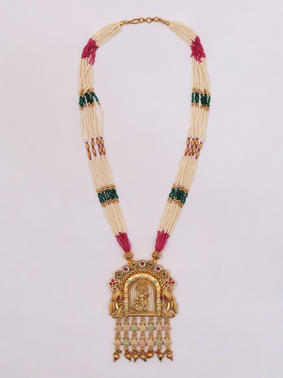 

Exotic India Beaded Multi Strand Long Radha Krishna Necklace & Earring Set, Gold