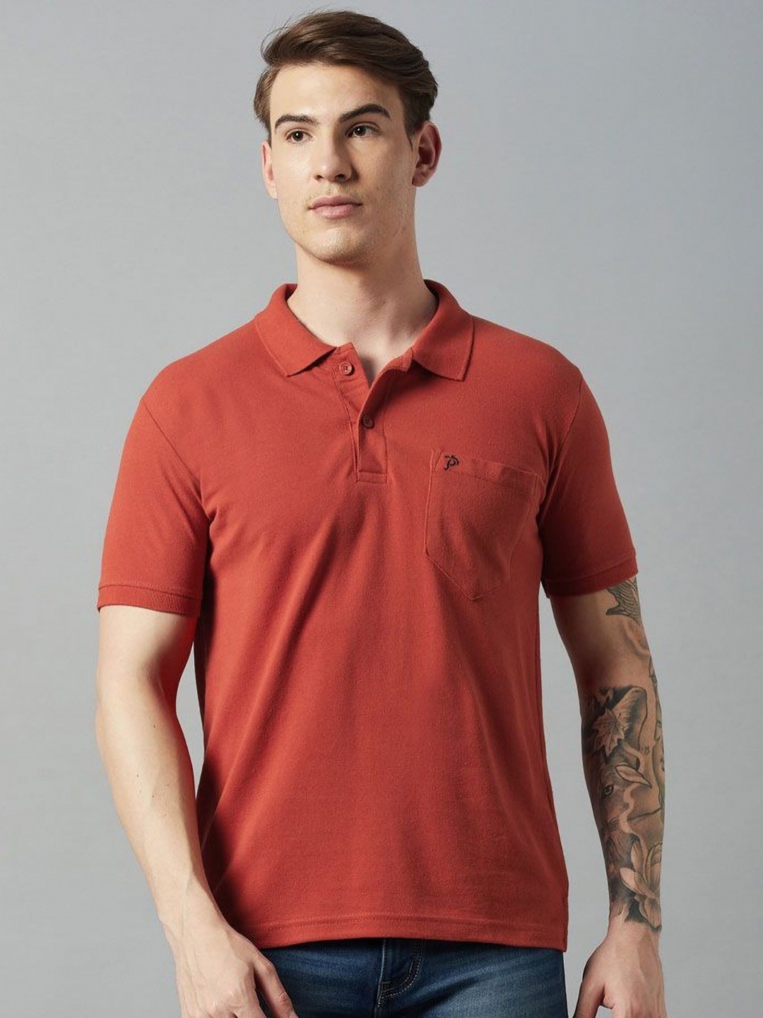 

Promount Men Polo Collar Raw Edge T-shirt, Rust