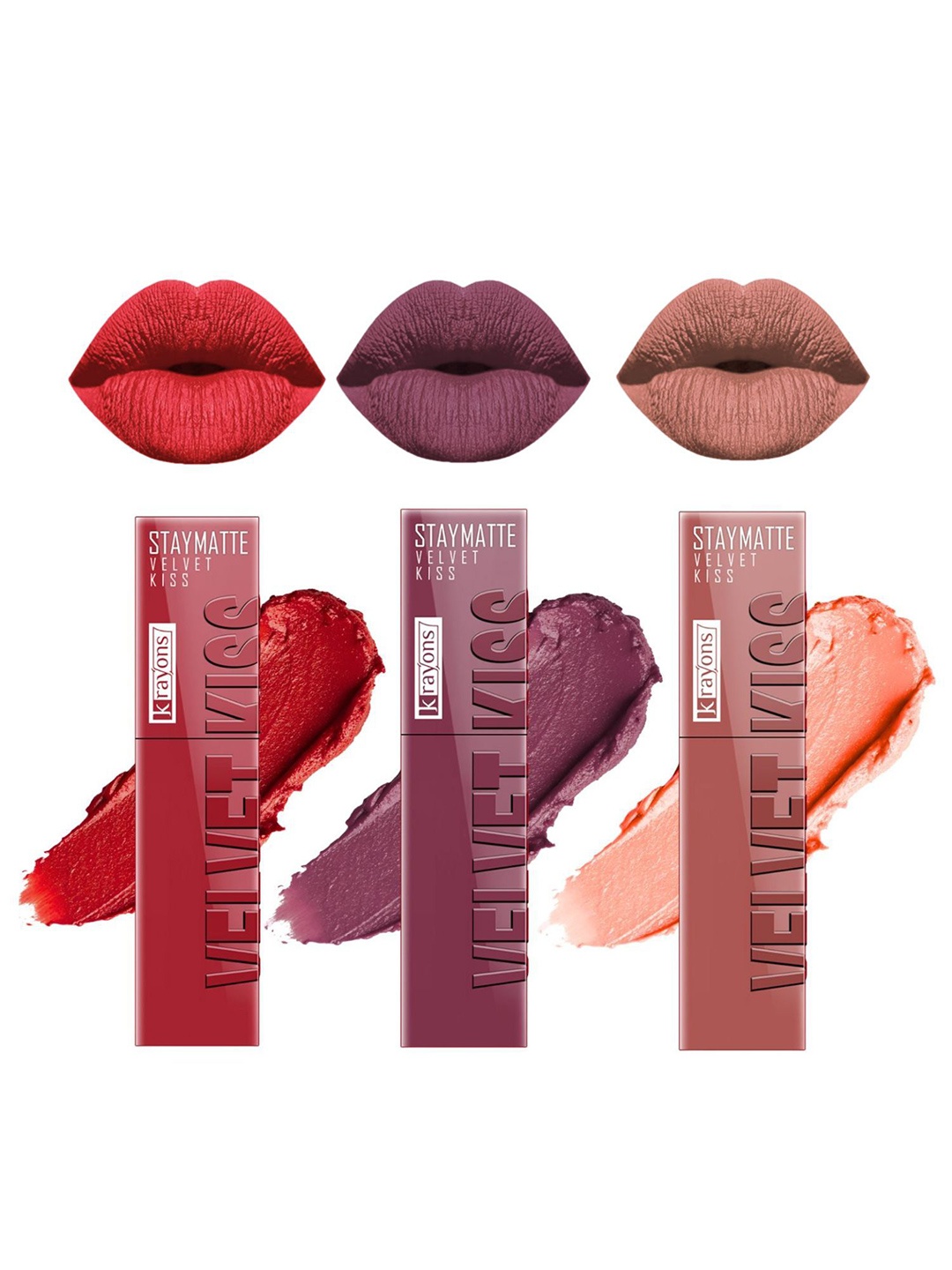 

krayons StayMatte Velvet Kiss Set Of 3 Liquid Lipstick- Shades - 01-05-04, Red
