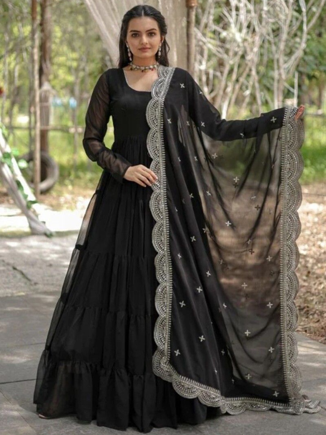 

Wedani Tiered Gotta Patti Anarkali Kurta with Trousers & With Dupatta, Black