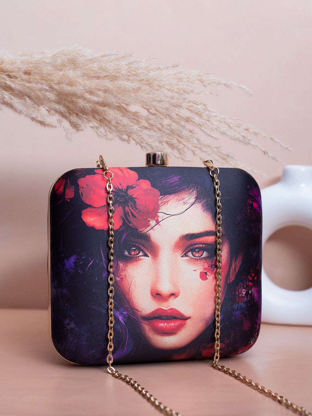 

ARTKLIM Printed Box Clutch, Black