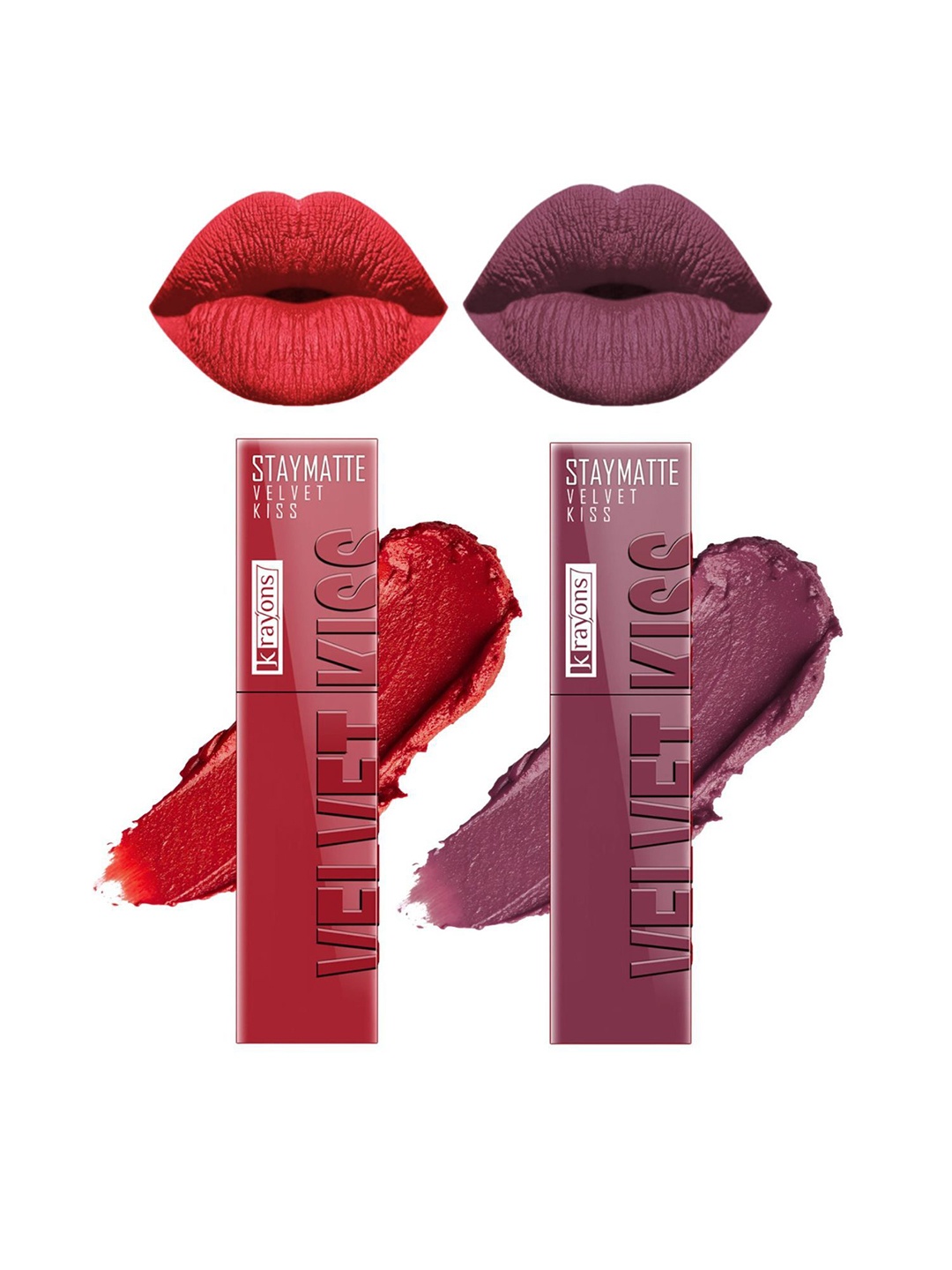 

krayons Set Of 2 Velvet Kiss Non Transfer Liquid Matte Lipstick -3.5 ml Each, Red