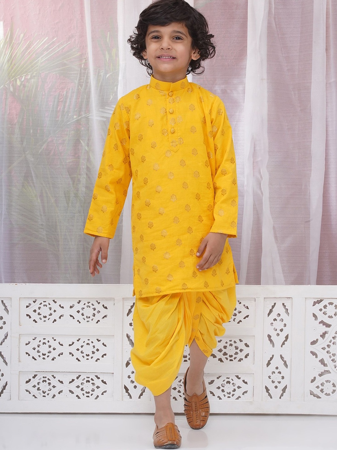 

Little Bansi Boys Ethnic Motifs Regular Pure Cotton Kurta with Dhoti Pants, Yellow