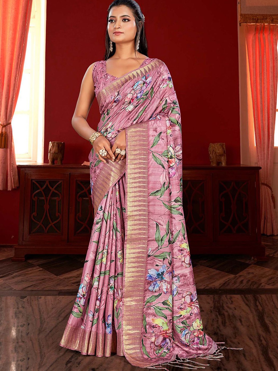 

Saree mall Floral Zari Silk Blend Sungudi Sarees, Mauve