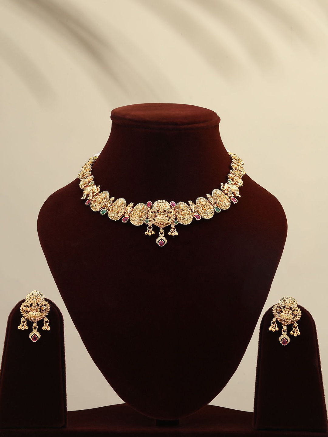 

Exotic India Traditional South Indian Temple Goddess Laxmi Necklace & Earrings Set, Gold