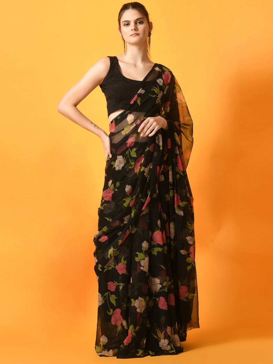

House of Chiffon Floral Poly Chiffon Saree, Black