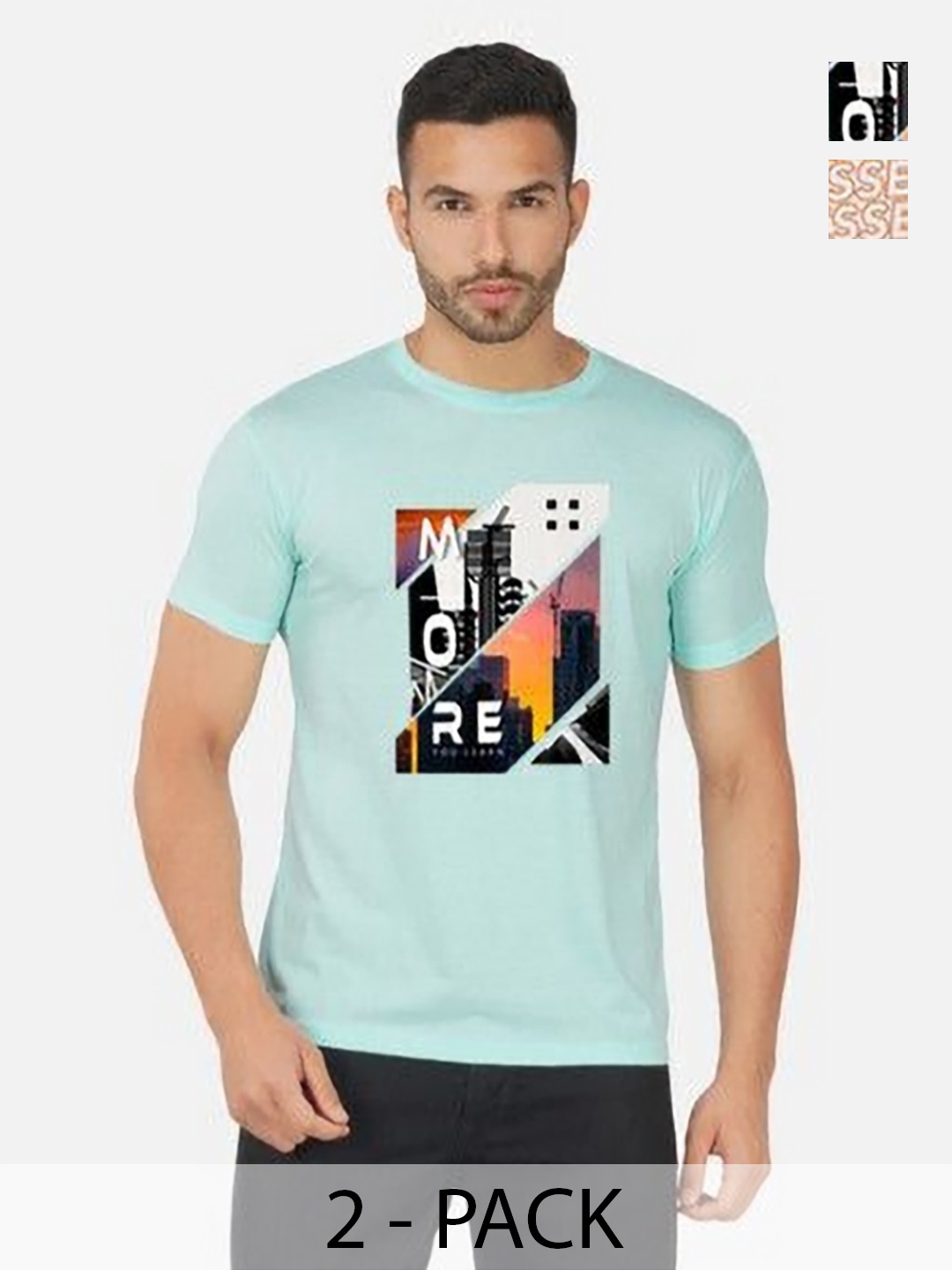 

GLOBAL NOMAD Men 2 Printed Bio Finish Applique T-shirt, Turquoise blue