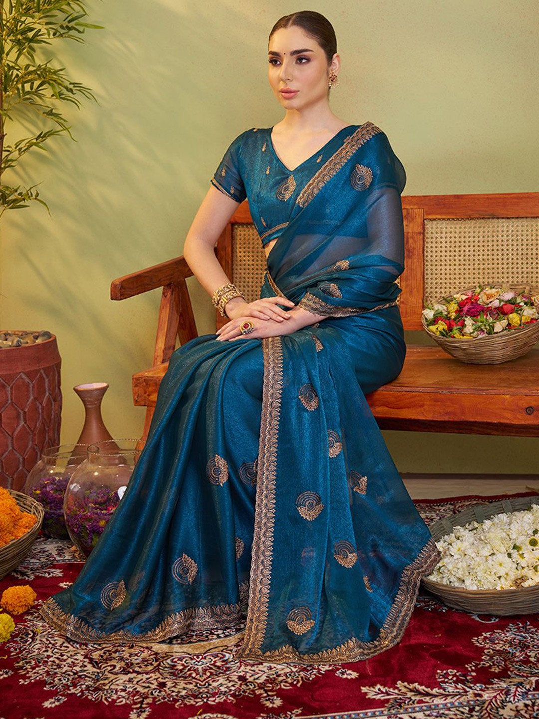 

Kalista Ethnic Motifs Zari Pure Chiffon Saree, Teal